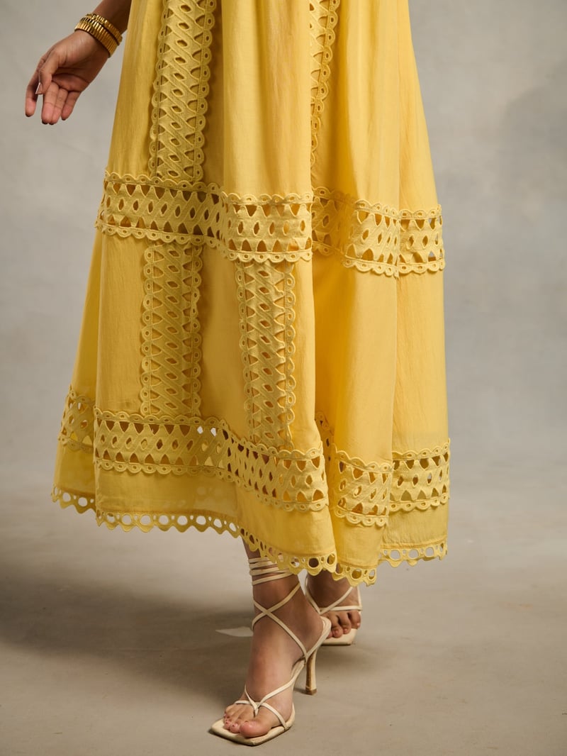Yellow Lace Cutwork Fit and Flare Maxi Dress