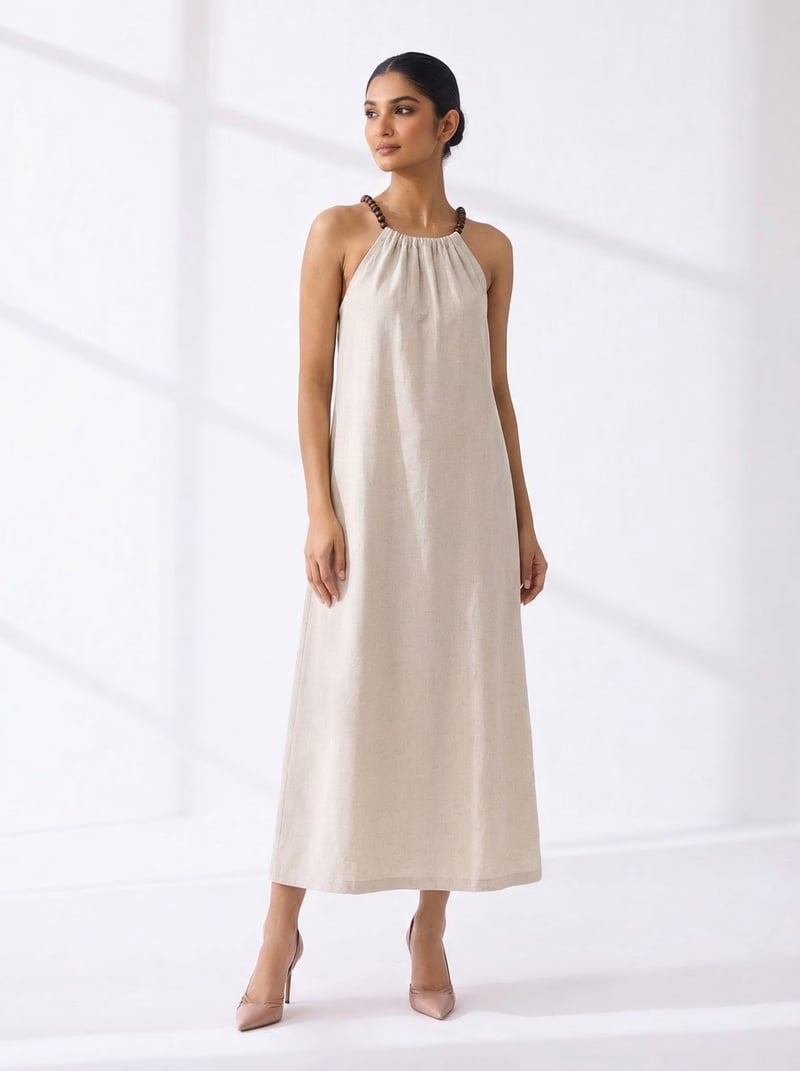 Natural Beige Halter Neck Straight Midi Dress — EFIL