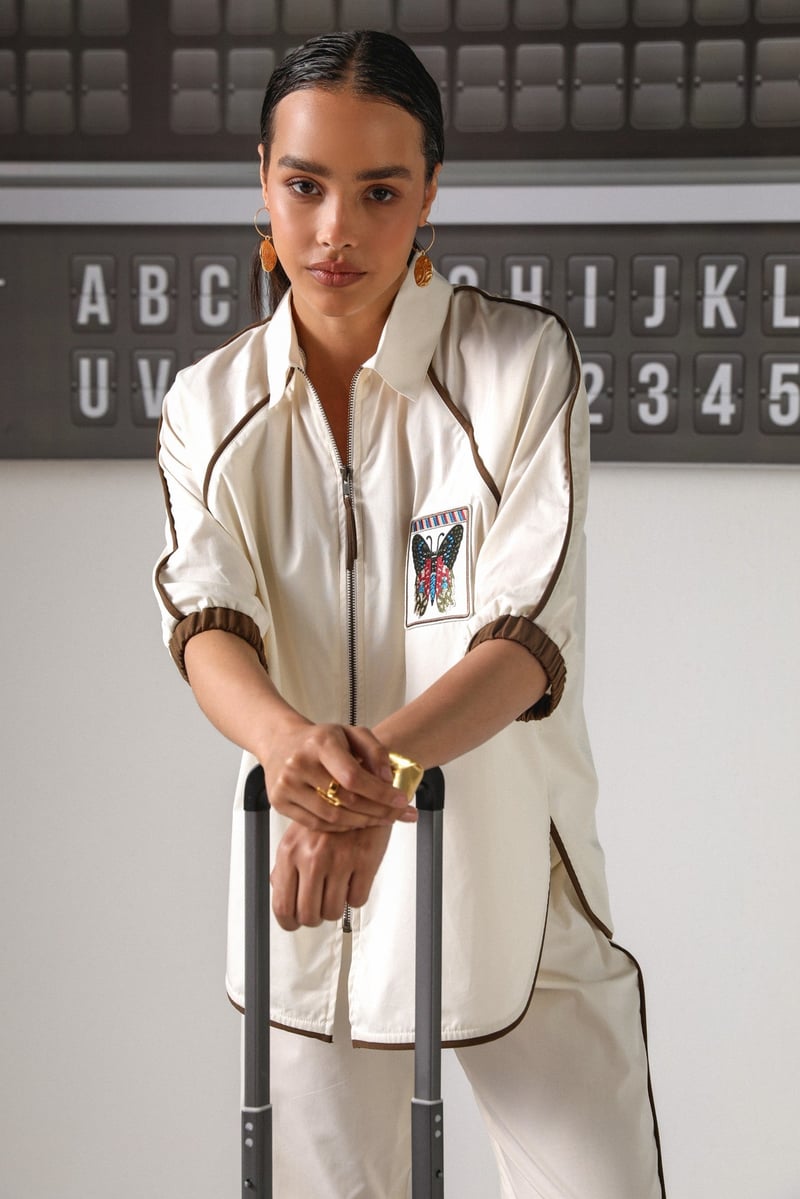 Cream Zip-Front Shirt and Pants Co-ord Set