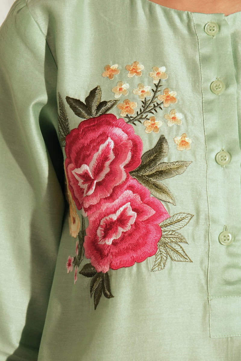 Pastel Green Chanderi Embroidered Straight Kurta Set