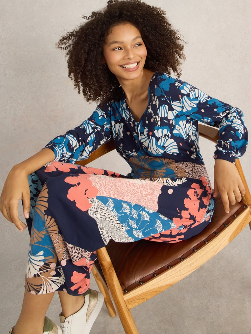 Navy Multi Printed Jersey Fit and Flare Midi Dress