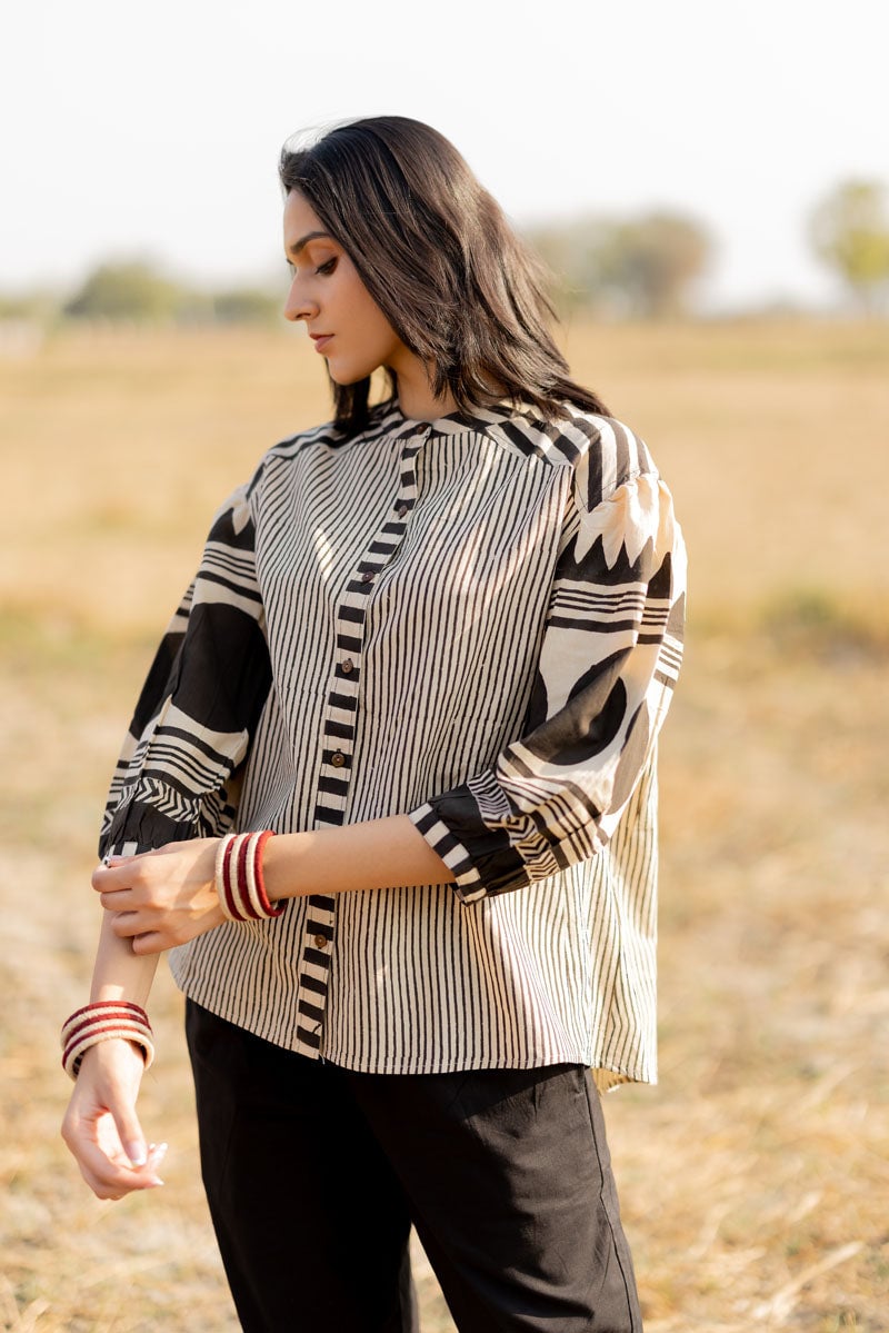 Black and Off-White Block Print Cotton Button-Down Top
