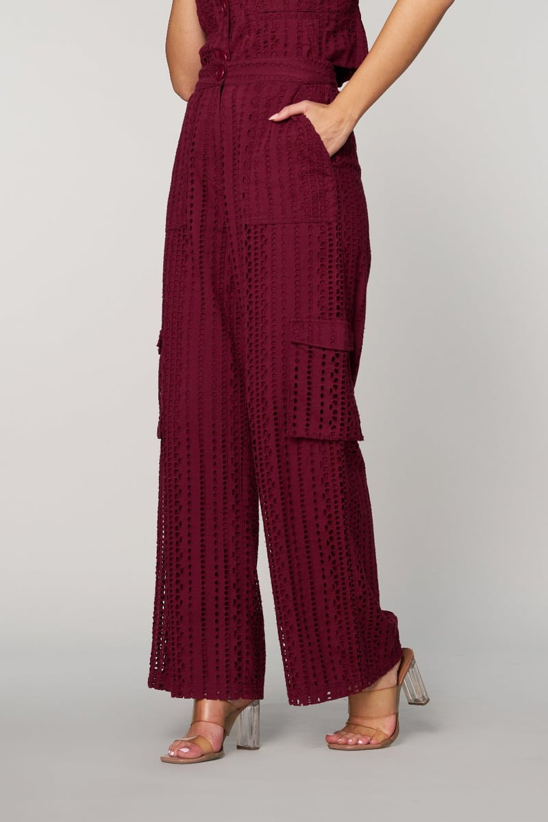 Wine Schiffli Cutwork Wide-Leg Cargo Pants
