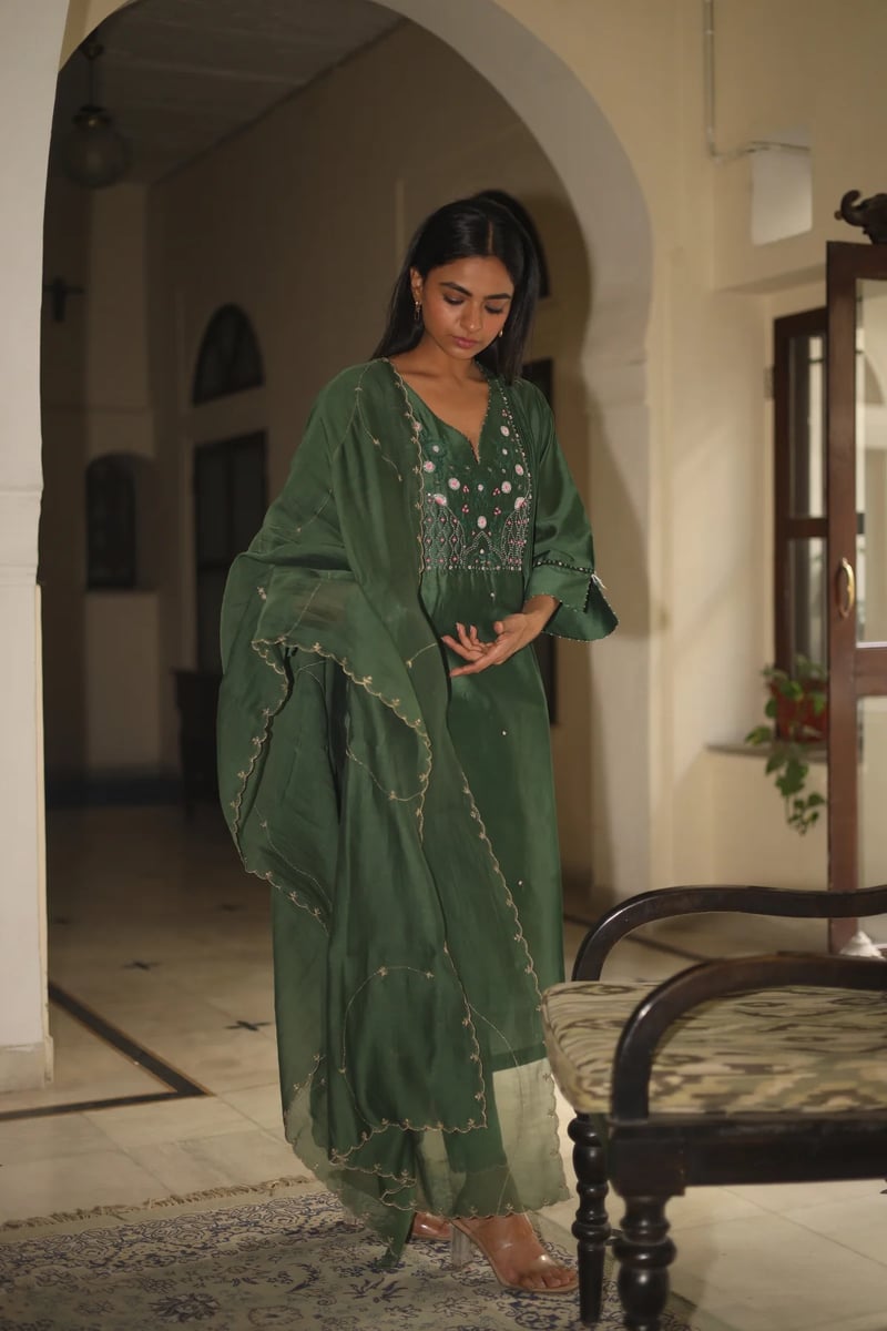 Bottle Green Chanderi Embellished Yoke Kurta Set