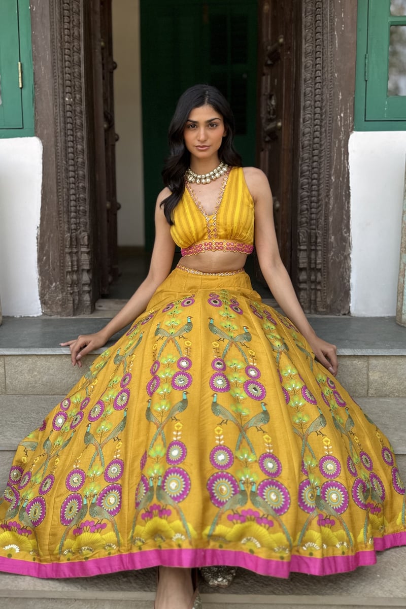 Yellow Printed Lehenga Set with Embroidered Tie-Back Blouse