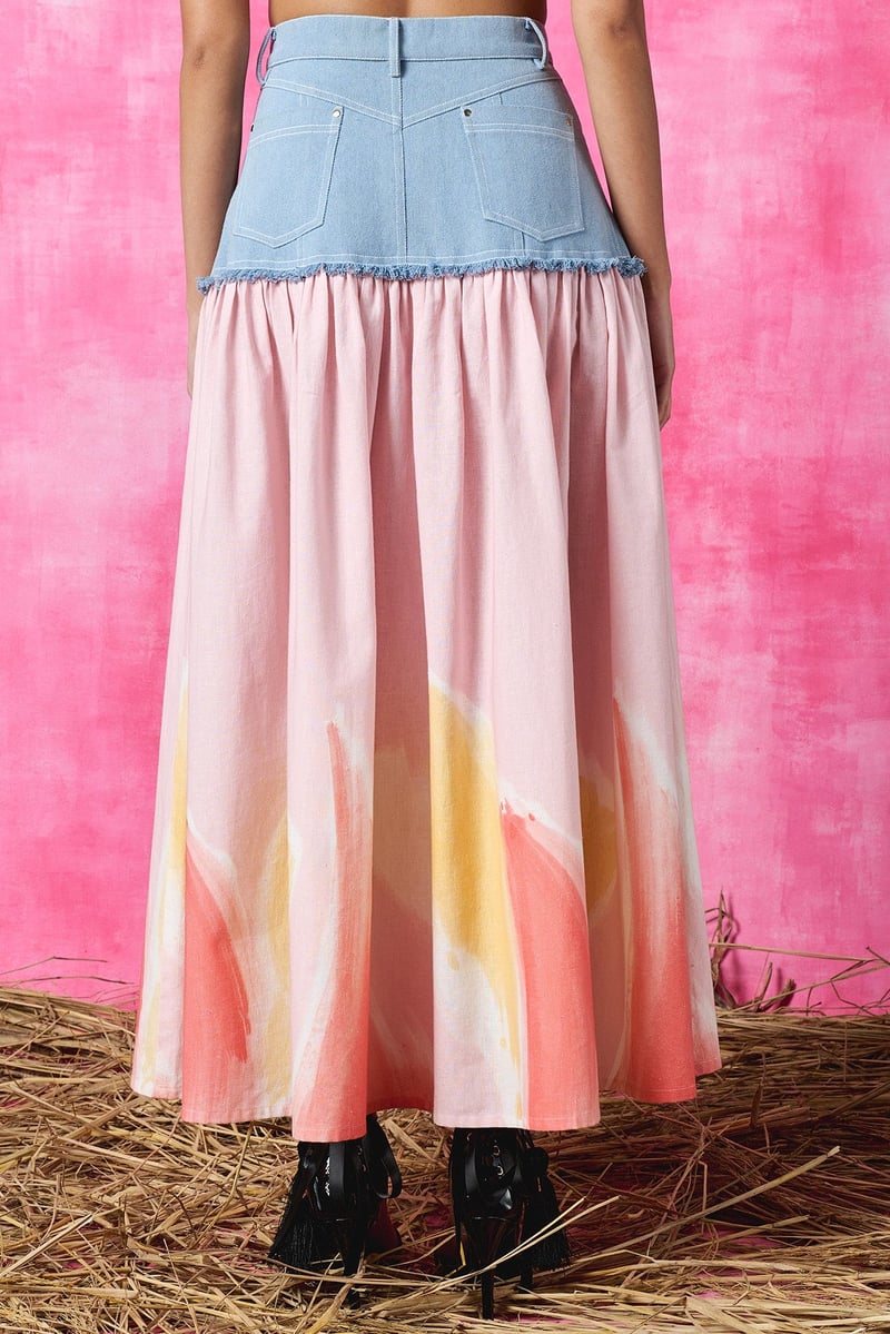 Pink Printed High-Waist Linen Midi Skirt
