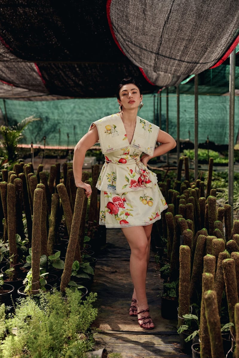 Off-White Fruit Print Tiered Mini Dress with Lace Collar