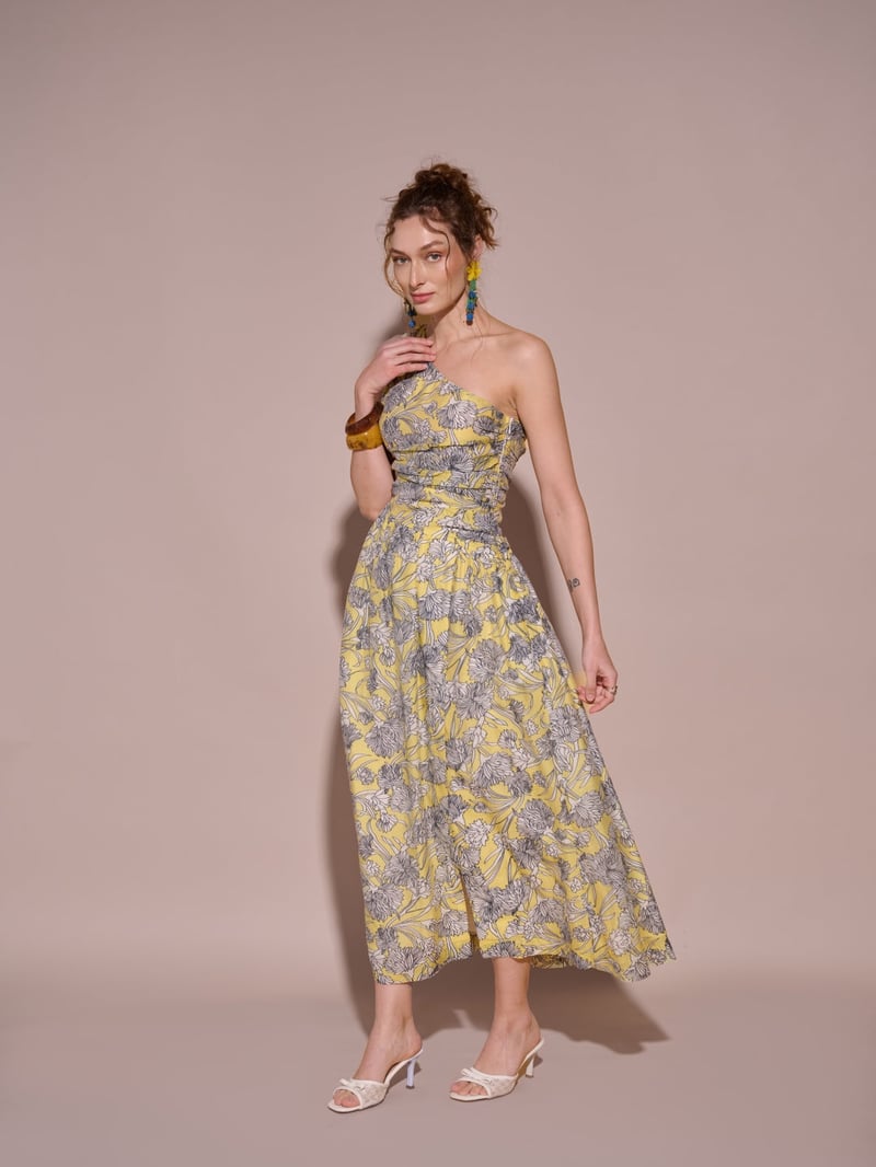 Yellow One-Shoulder Floral Printed Midi Dress with Slit