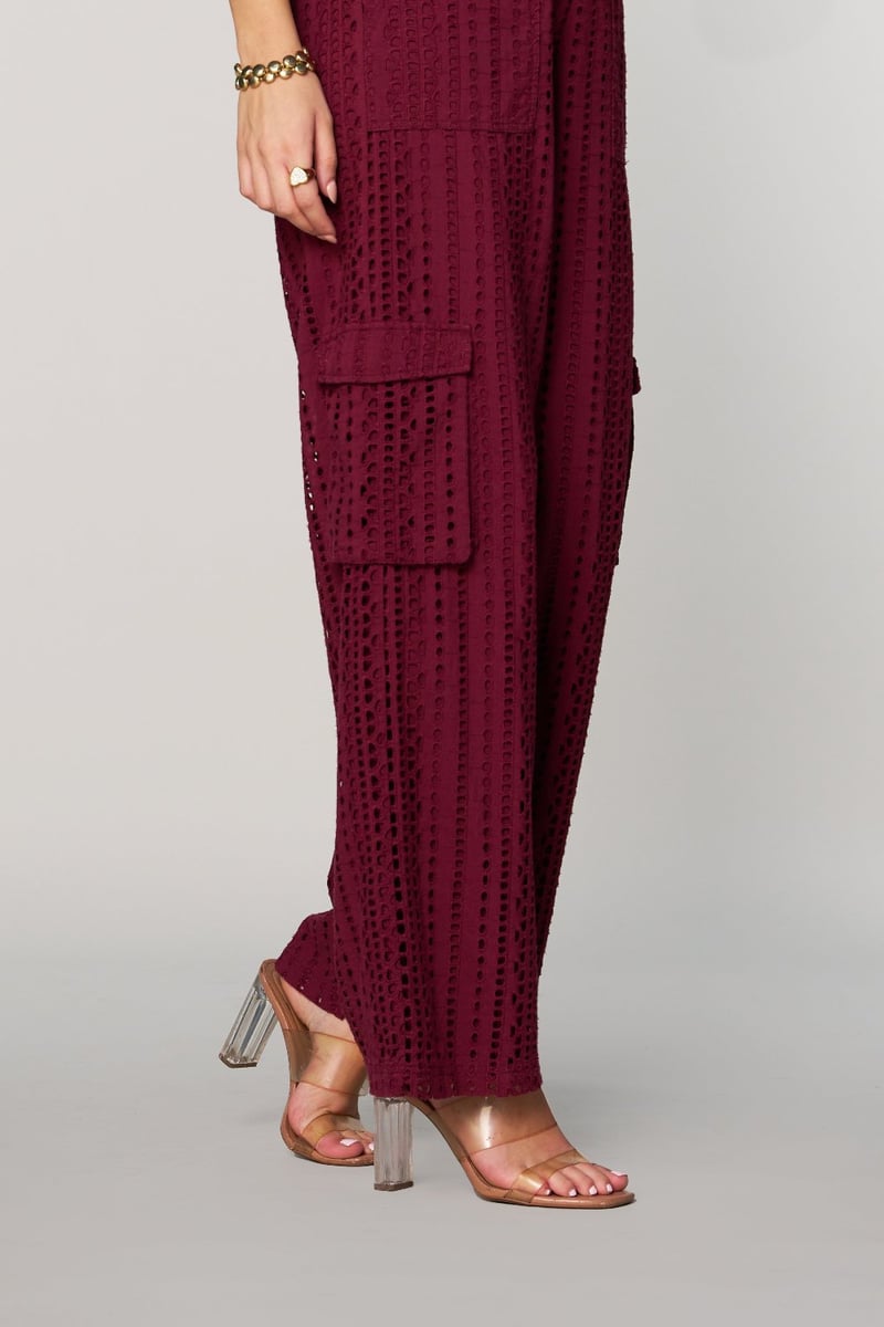 Wine Schiffli Cutwork Wide-Leg Cargo Pants