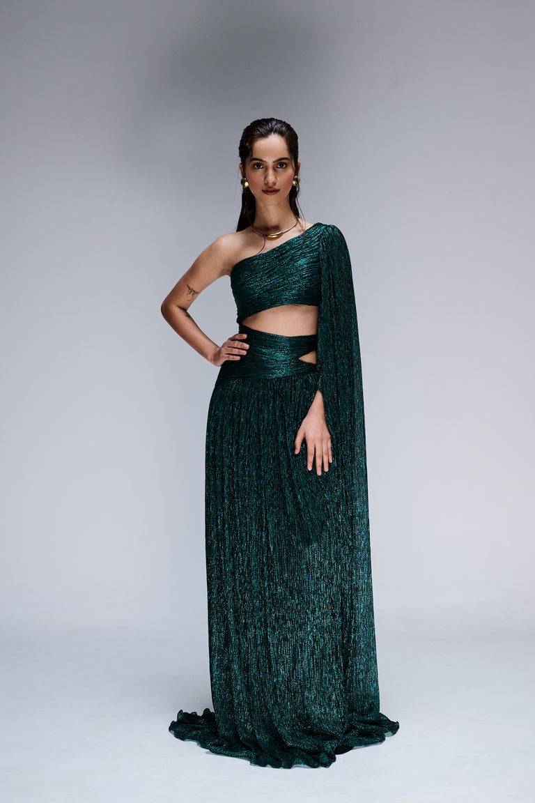 Green One-Shoulder Metallic Maxi Gown with Draped Sleeve