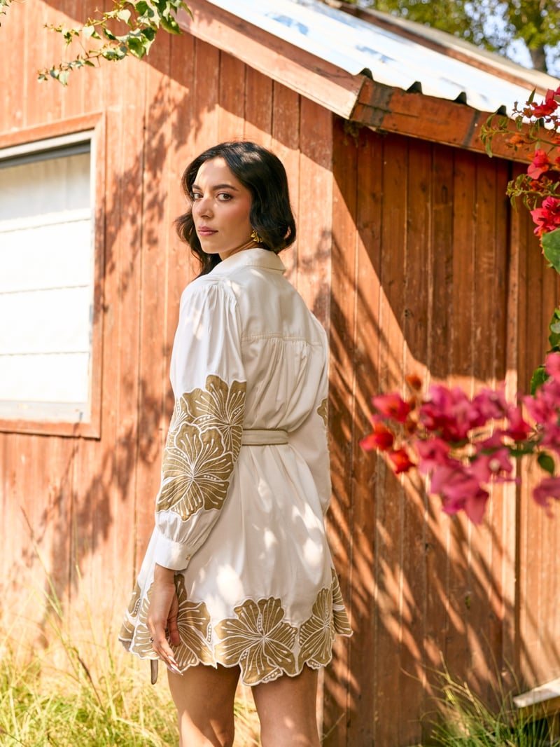 White Belted Floral Motif Mini Shirt Dress