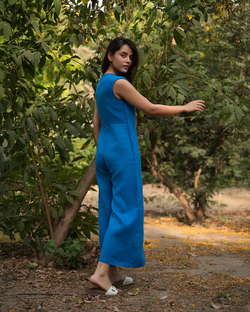Blue Linen Wrap-Front Wide-Leg Jumpsuit