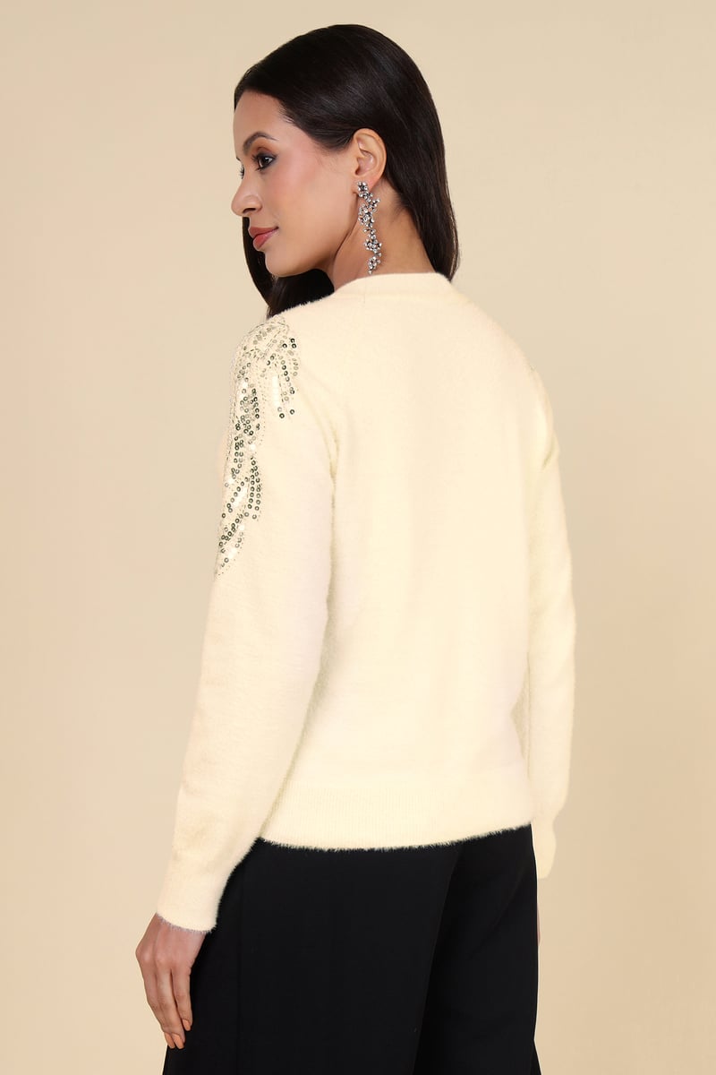 Ivory Sequin Sleeve Round Neck Pullover Sweater