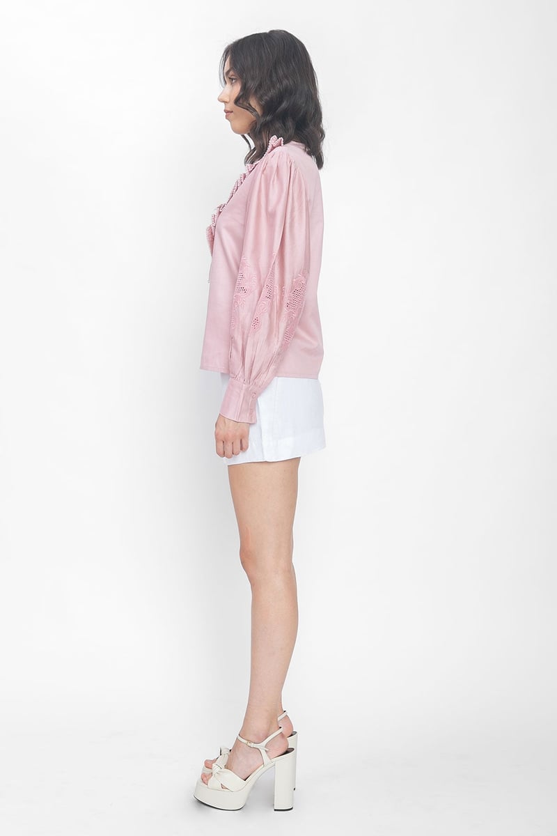 Dusty Pink Ruffle V-Neck Balloon Sleeve Top