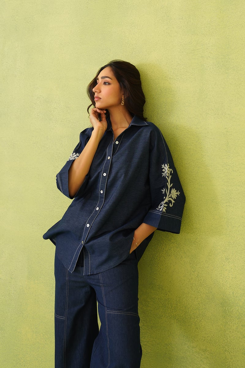 Denim Blue Embroidered Shirt and Wide-Leg Co-ord Set