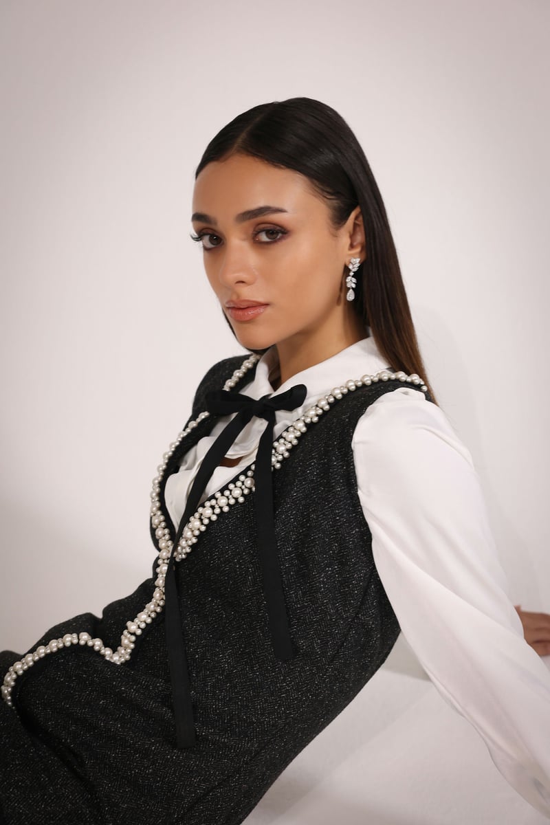 Black/Ivory Tweed Pearl-Trim Mini Dress with Bow