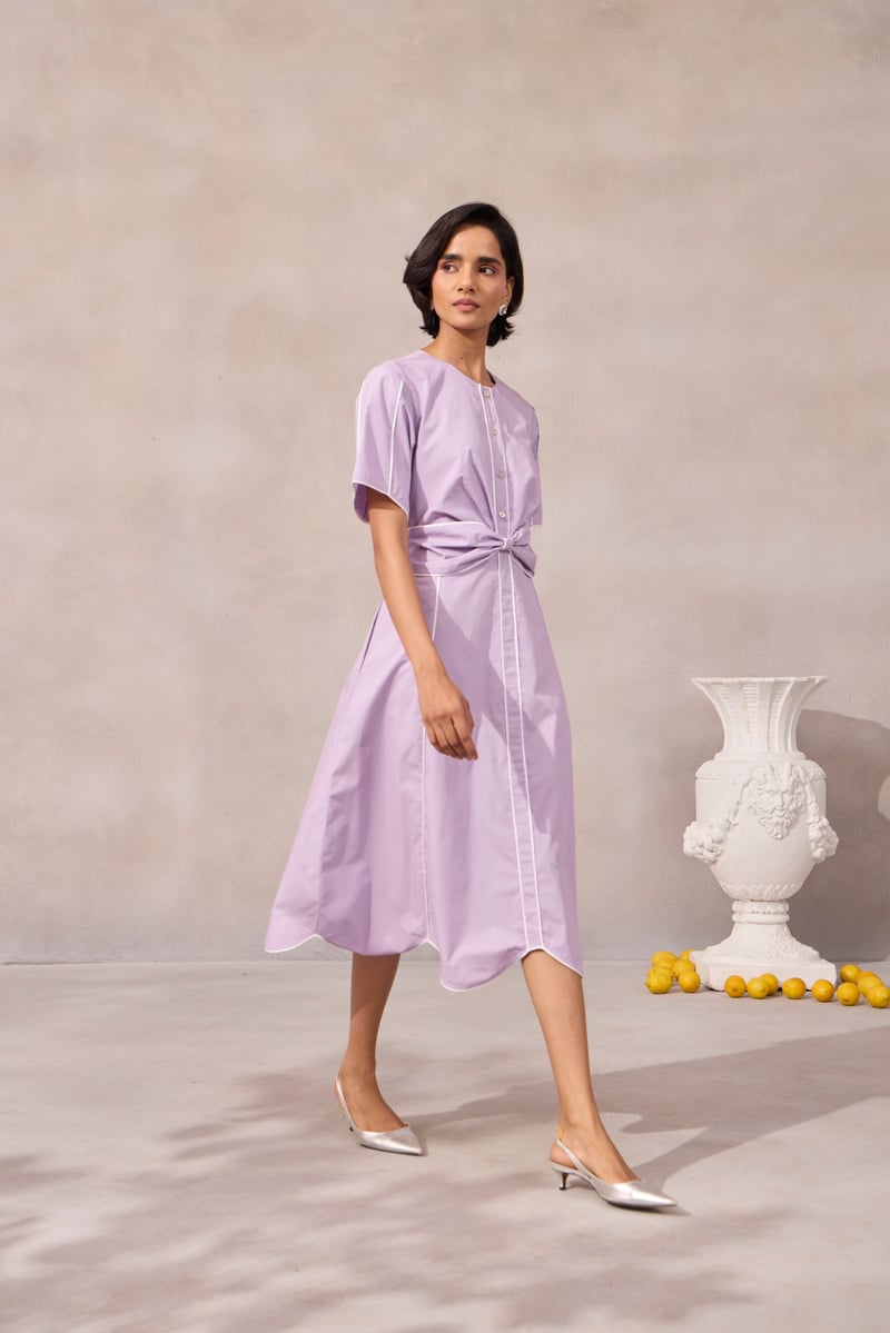 Sweet Lavender Fit and Flare Midi Dress with Piping