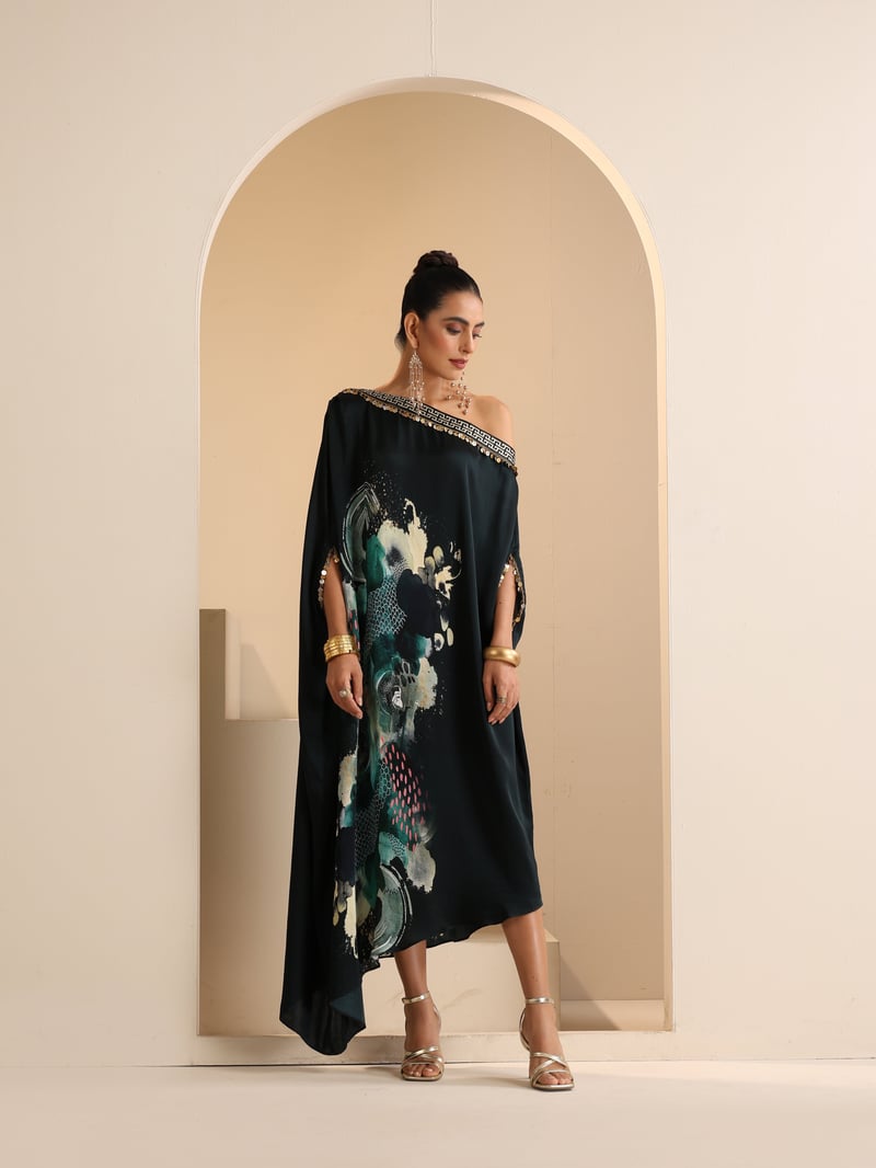 Green Abstract Print One-Shoulder Modal Satin Kaftan