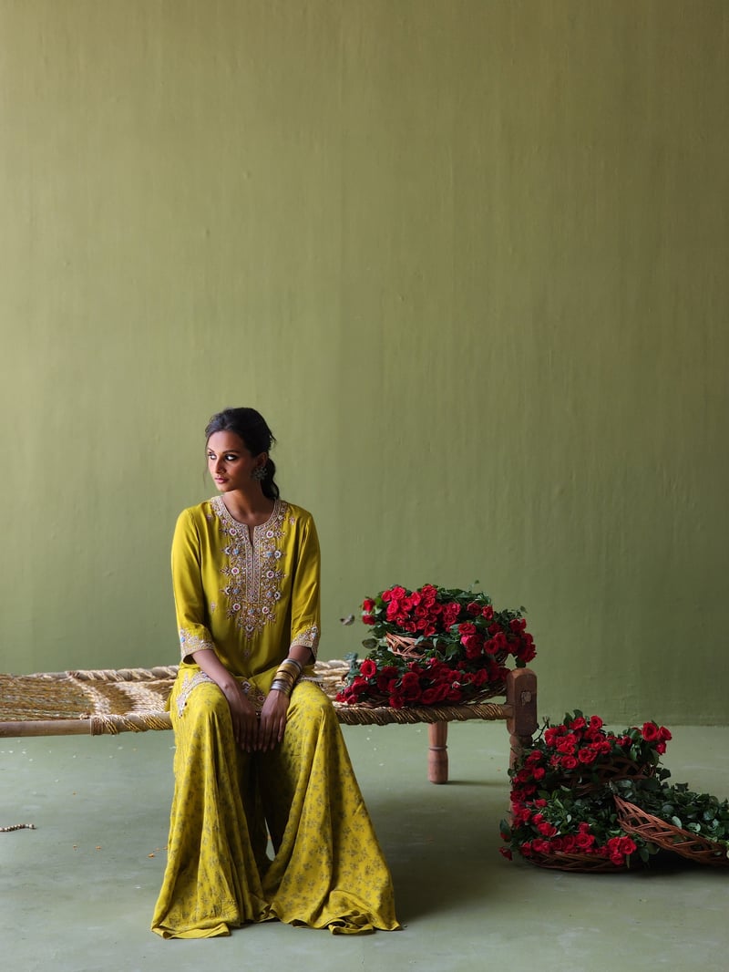 Mehendi Green Embroidered Short Kurta Sharara Set