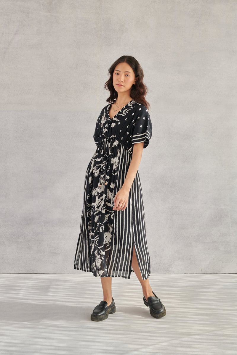Black Monochrome Printed Midi Kaftan Dress