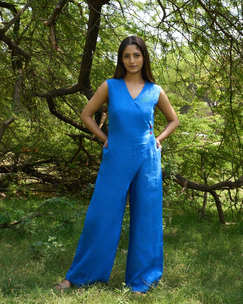 Blue Linen Wrap-Front Wide-Leg Jumpsuit