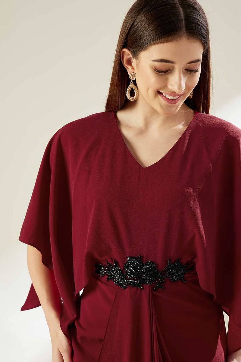 Red Draped Maxi Dress with Cape Sleeves