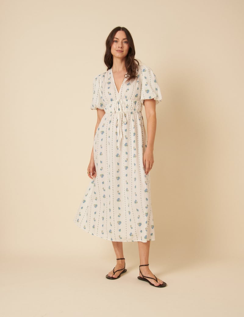 White Floral Fit and Flare Midi Dress with Puff Sleeves — Nobody's Child