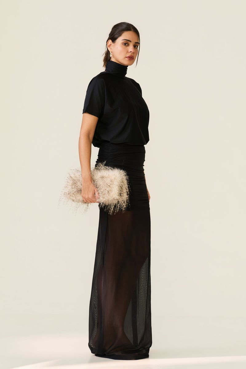 Black Turtleneck Top with Dramatic Open Cowl Back