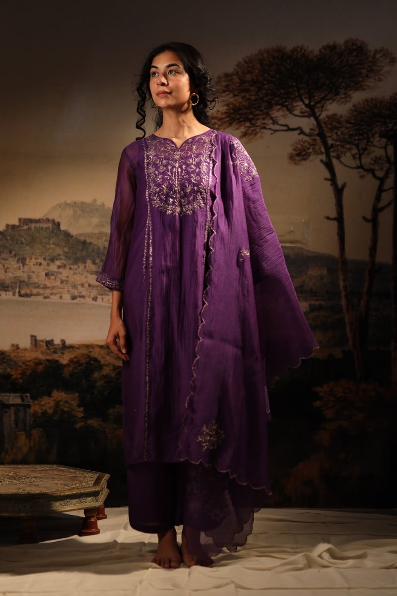 Purple Chanderi Embroidered Kurta Set with Pants and Slip