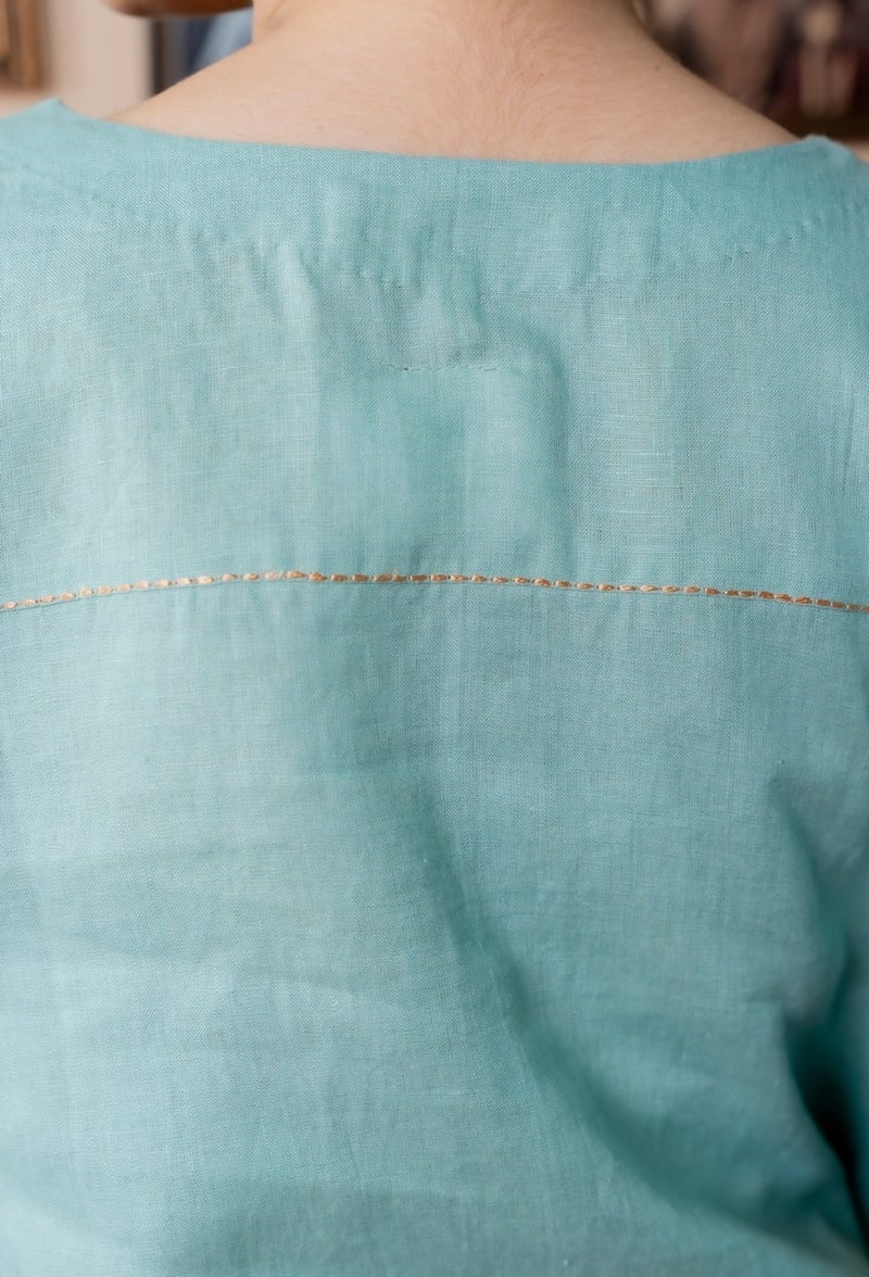 Blue-Green Linen Straight Kurta Set with Floral Embroidery