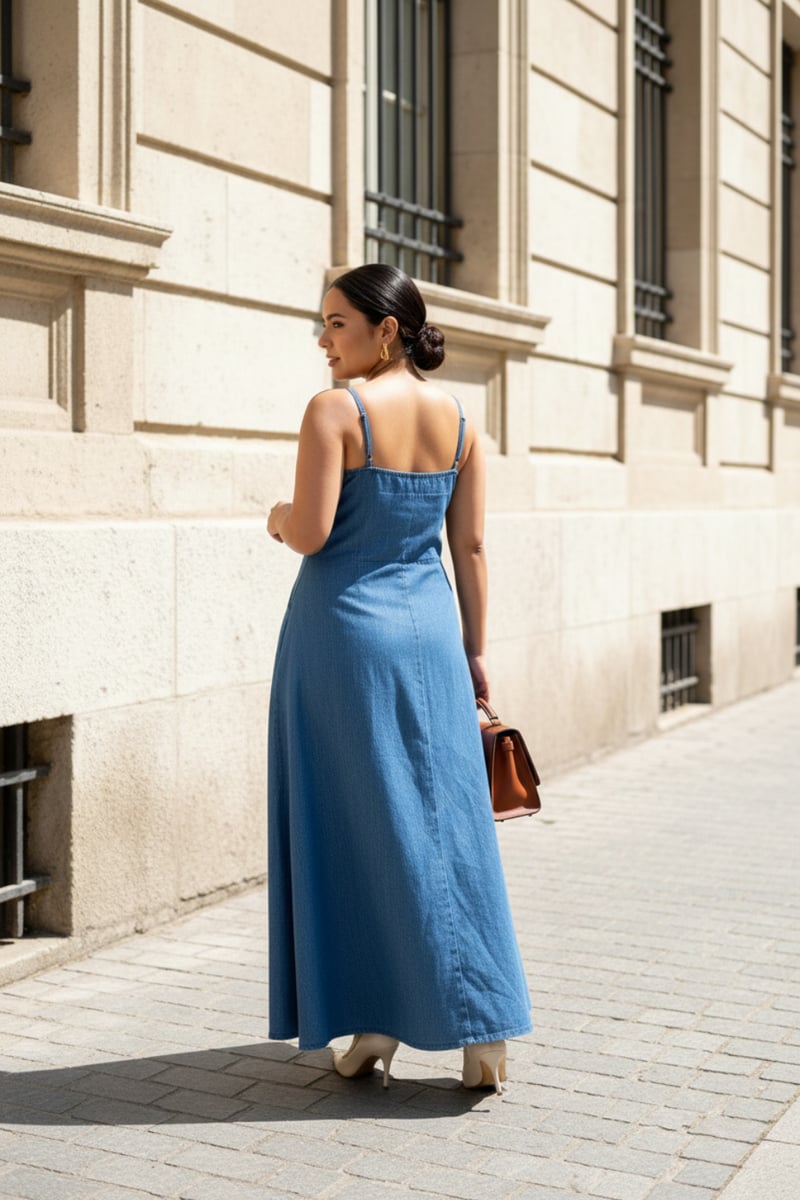 Blue Denim Button-Down A-Line Maxi Dress