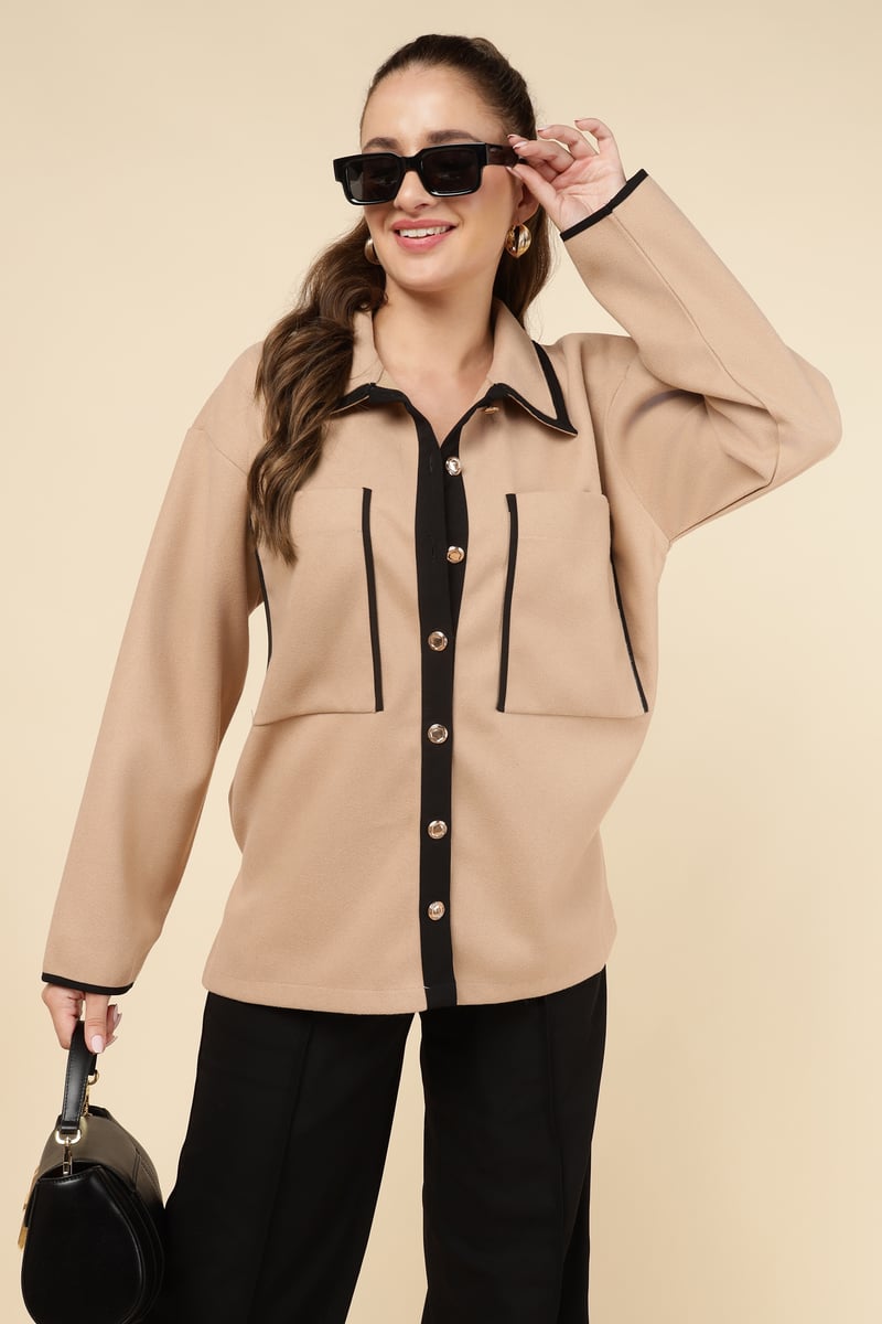Camel Colorblock Button-Front Shirt with Contrast Trim