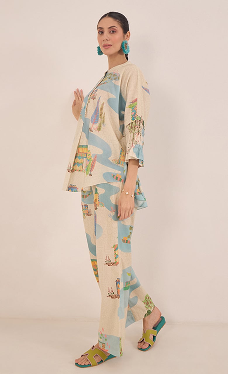 Cream Printed Tunic and Wide-Leg Pants Co-ord Set