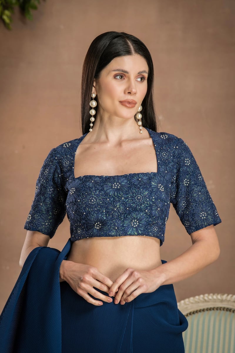Navy Blue Pre-Draped Pleated Georgette Saree Set