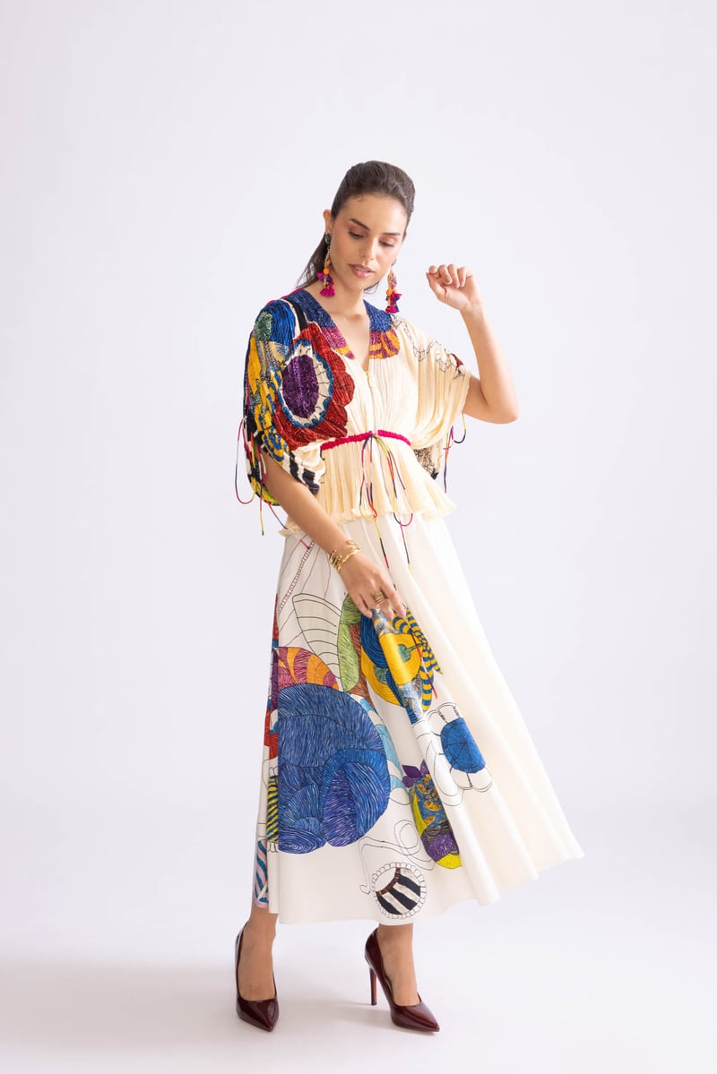 Ivory/Multi Tribal Print Micro-Pleat Kaftan Blouse