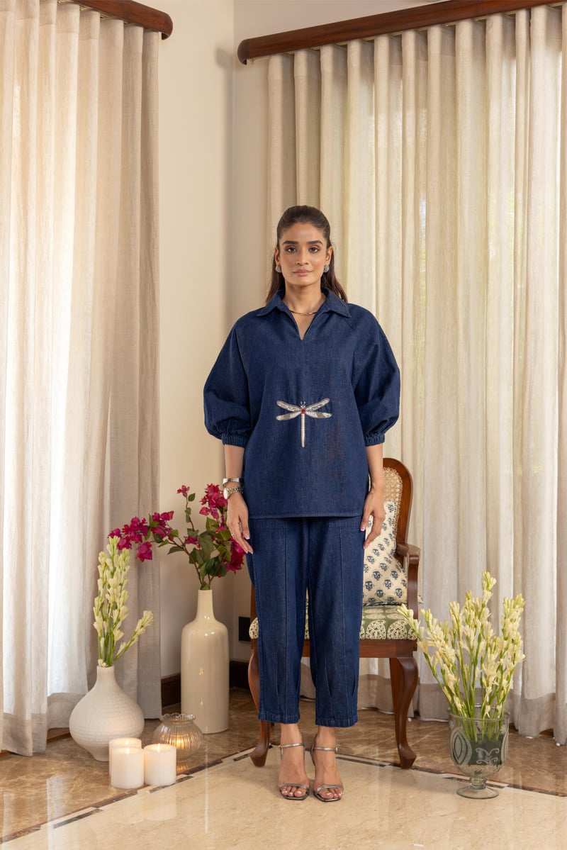 Dark Blue Denim Dragonfly Embroidered Relaxed Shirt