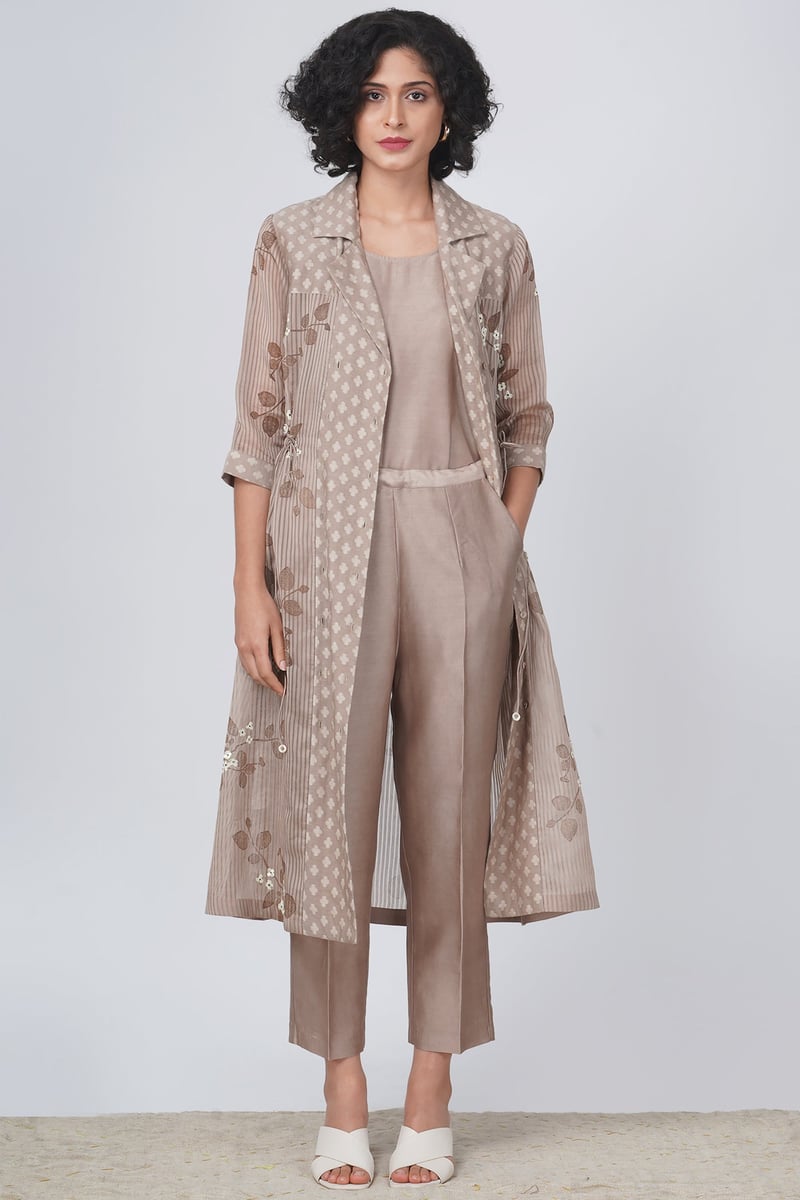 Beige Printed Longline Jacket and Straight Pants Co-ord Set — Arcvsh Pallavi Singh