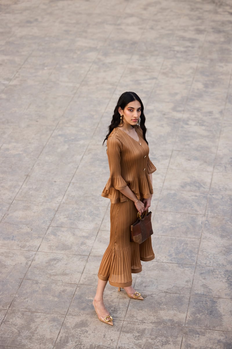 Mocha Pleated Top and Midi Skirt Co-ord Set