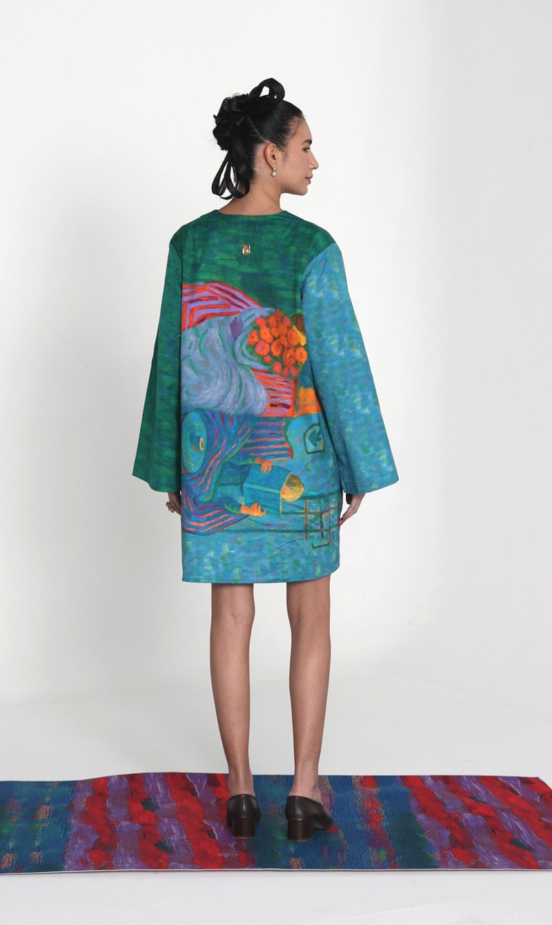 Green/Blue Cotton Satin Art Print A-Line Mini Dress