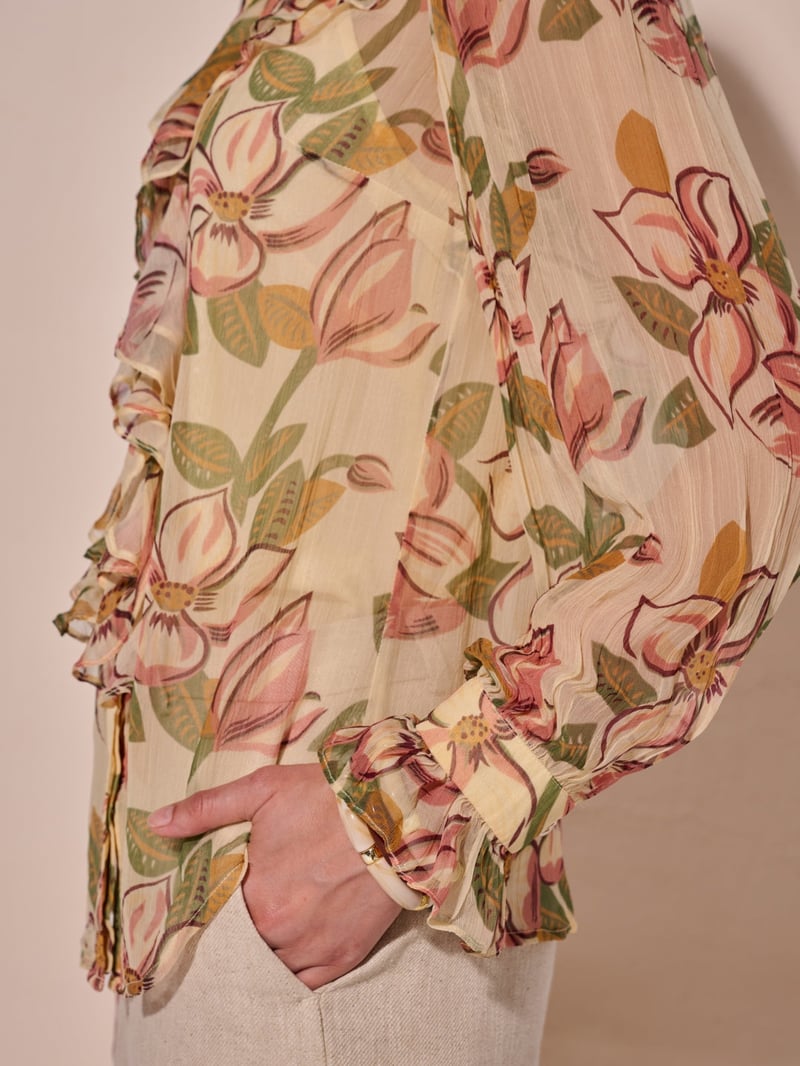 Yellow Floral Chiffon Ruffle High-Neck Top