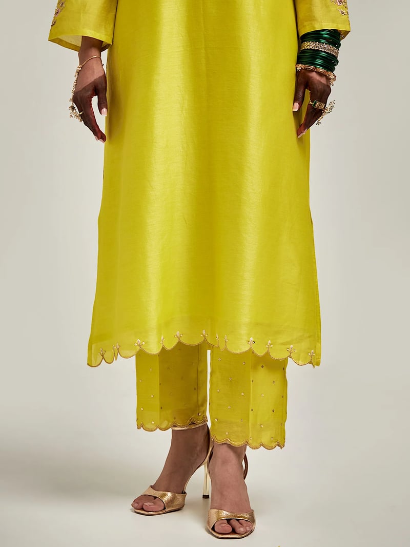 Lime Silk Chanderi Embroidered Straight Kurta