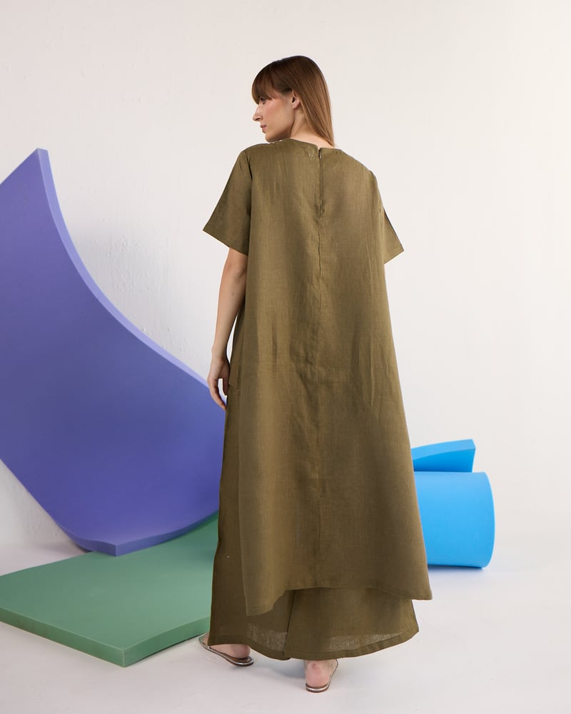 Pine Green Linen Co-ord Set with Asymmetric Tunic Top