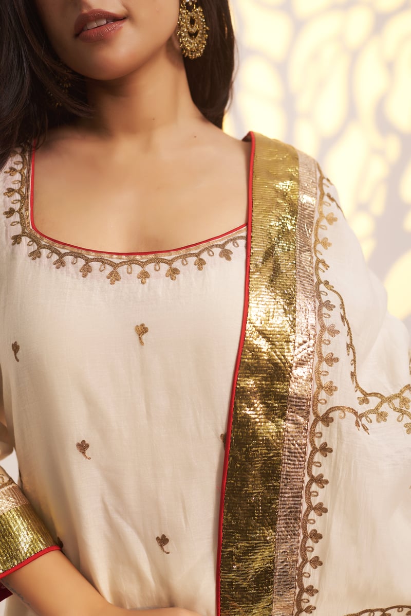 Ivory Gold Silk Chanderi Lehenga Set with Bell-Sleeve Jacket