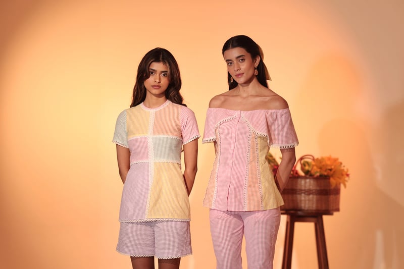 Pastel Gingham Colorblock Lace Trim Co-ord Set