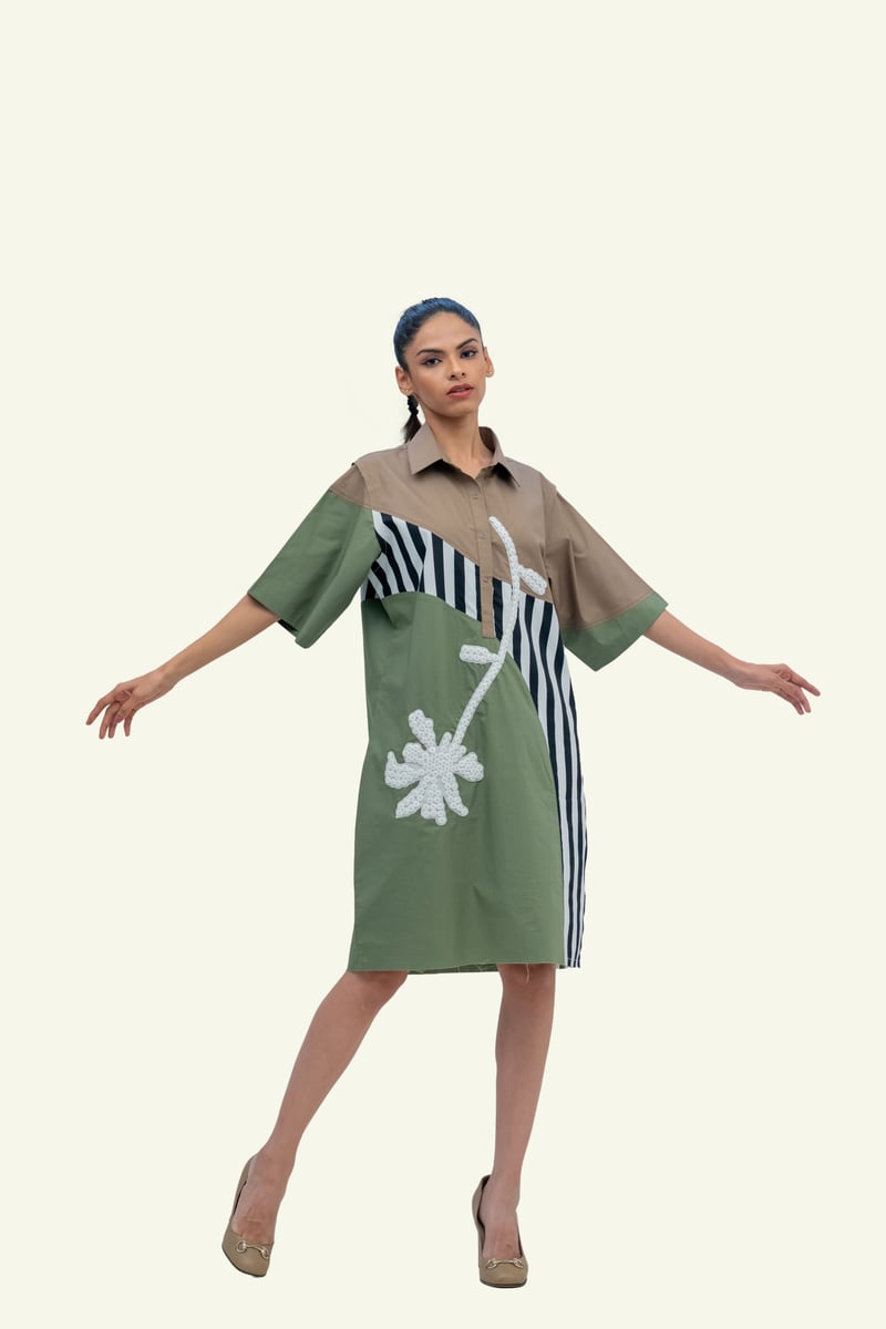 Olive Combo Cotton Dress with Embroidery