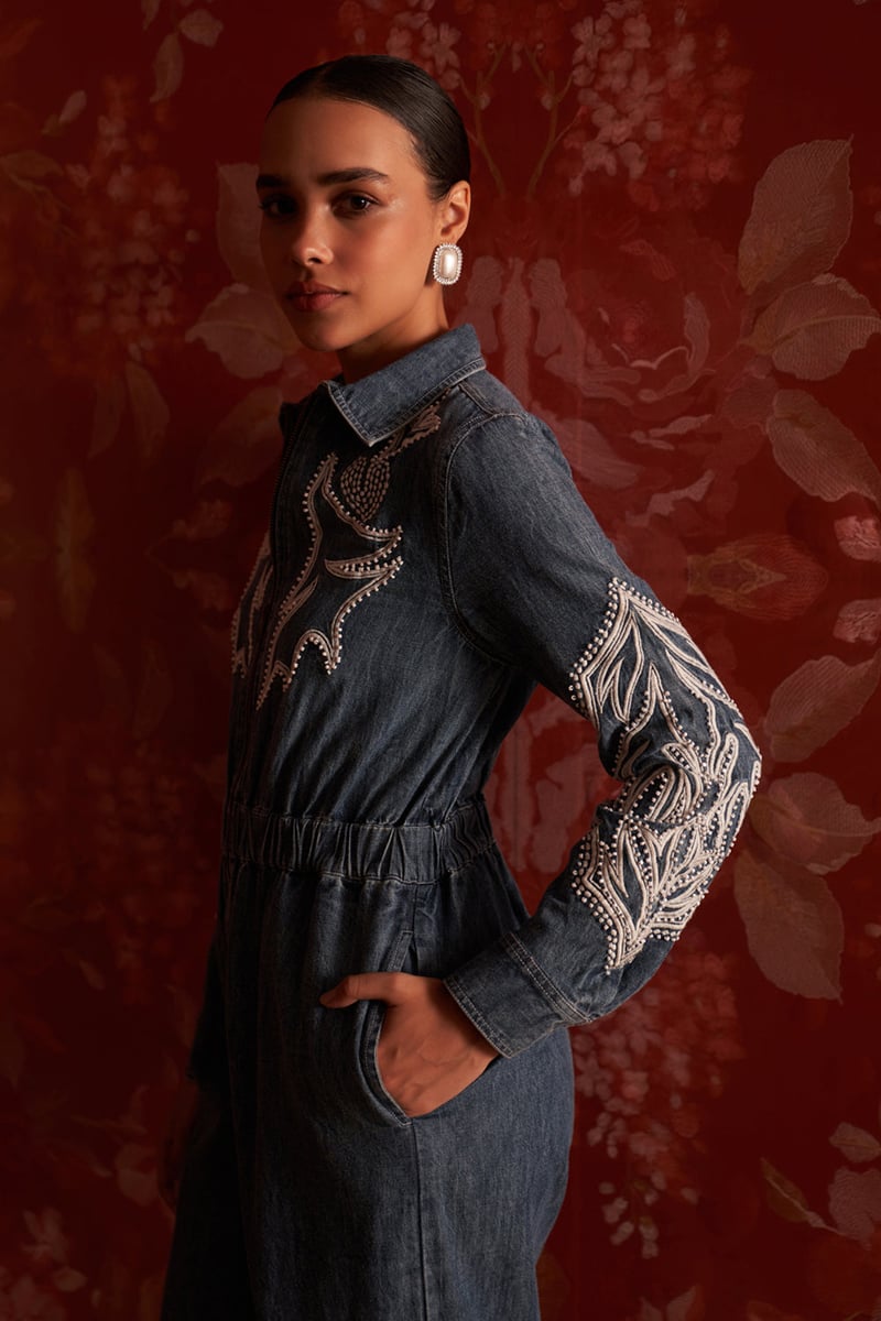 Blue Denim Zip-Front Embroidered Jumpsuit