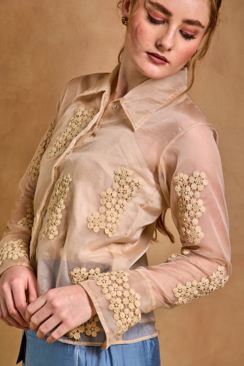 Cream Organza Applique Shirt and Blue Pants Co-ord Set