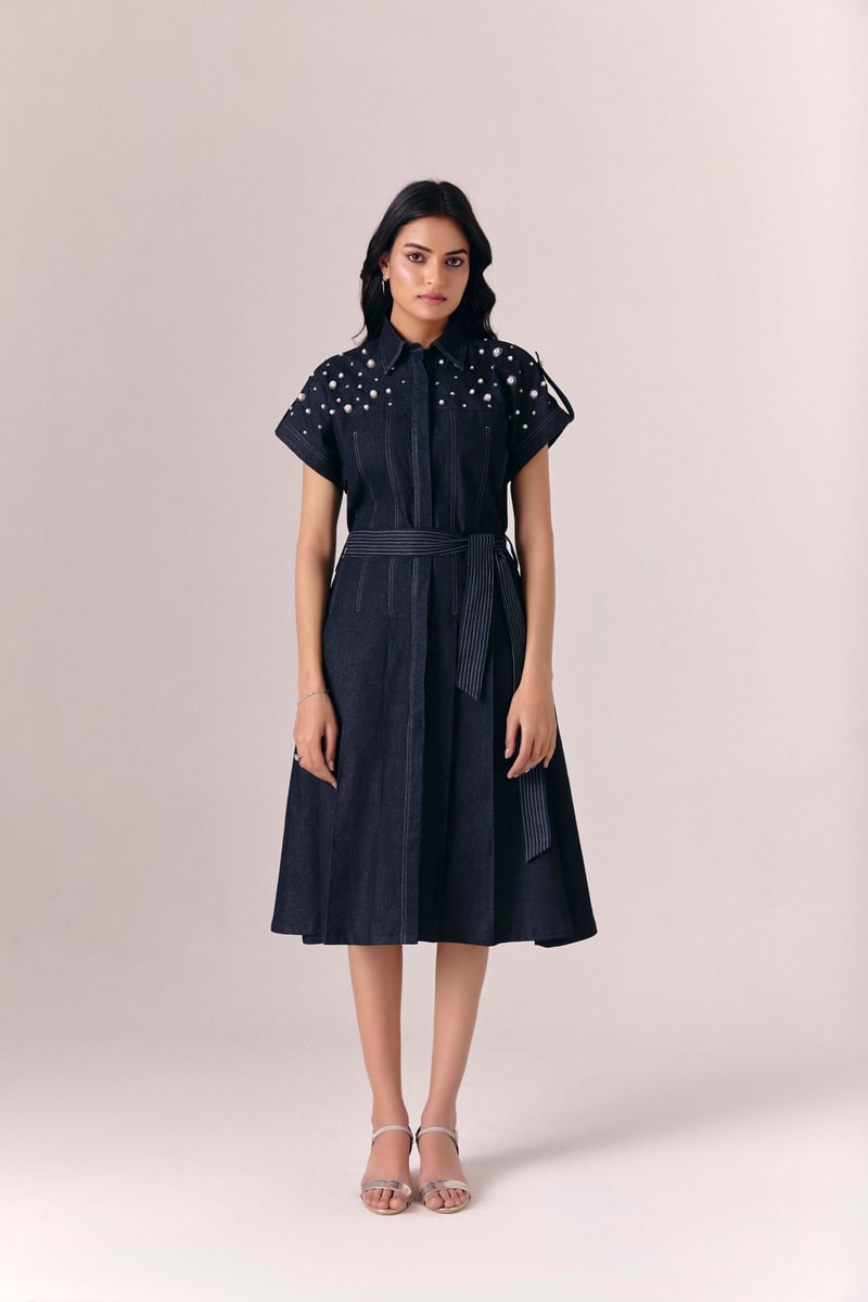 Black Denim Fit and Flare Midi Dress with Pearl Detail
