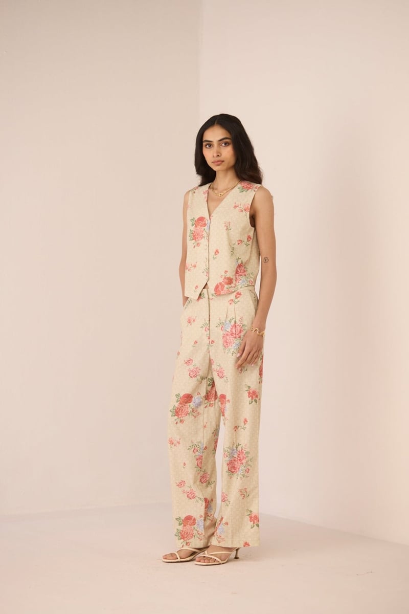 Garden Trellis Cotton-Linen Floral Wide-Leg Trousers