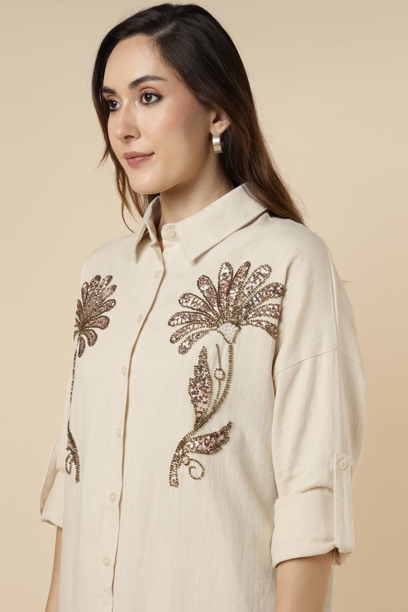 Natural Beige Embellished Longline Cotton Shirt